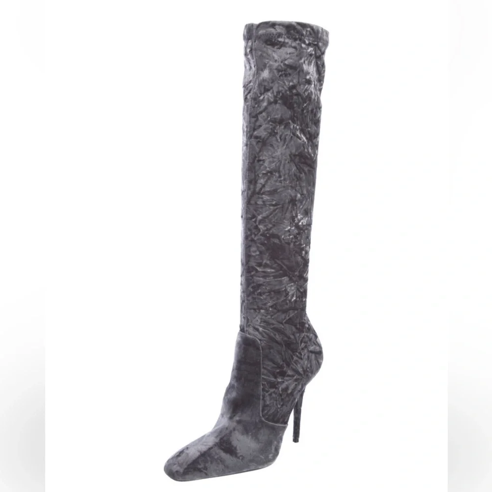 Saint Laurent Talia 110 Crushed Velvet Knee Boot 37 Gray - Picture 7 of 10